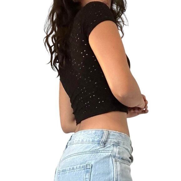 Olivia Rae Babydoll Medium Black Short Sleeve Stretch Eyelet Cropped Womens Top - Picture 2 of 10